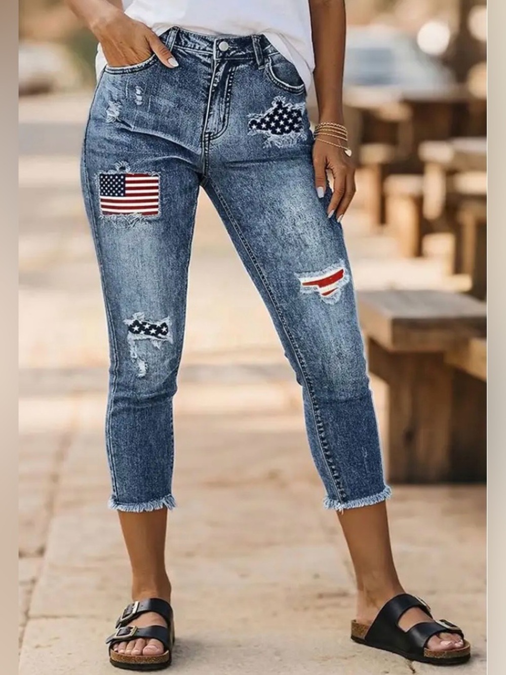 Flamingals Wash American Flag Pattern Ripped Raw Hem mid Rise Capri Skinny Jeans